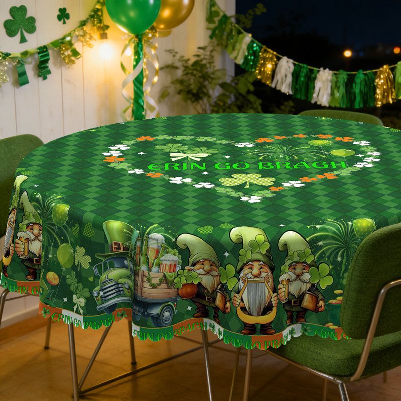 St. Patrick's Day Gnome Tablecloth - Green Checkered & Shamrock Printed Fabric Cover, Reusable Round/Rectangular Tablecloth for St. Patrick's Day Parties, Brunch | St. Patrick's Day Themed Tablecloth with Leprechaun Gnome Design, Fits Dining Tables