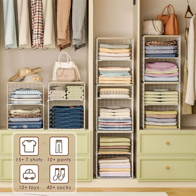 4-Tier Stackable Closet Organizers and Storage, Adjustable Dividers & Wood Top Storage Shelves for Clothes, Wardrobe & Closet Storage Basket Bins/Cube