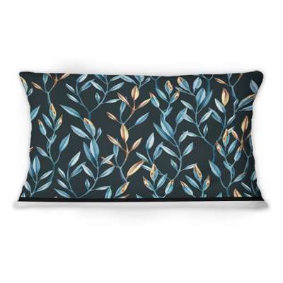 Blue And Gold Branches On Black - Patterned Printed Throw Pillow 1