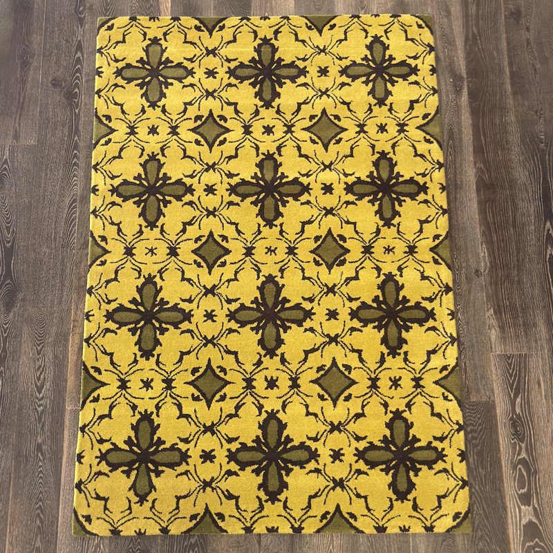 Tapis moderne et contemporain en laine doré touffeté à la main brun et vert olive Allie, 8 pi x 10 pi
