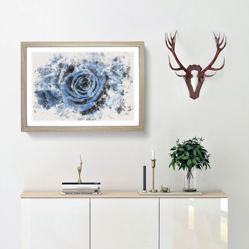 Pretty Blue Rose - Picture Frame Graphic Art Print, 24cm H x 33cm W x 2cm D, Oak Framed