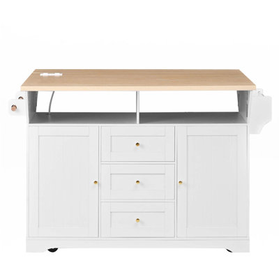 Large Kitchen Island With 2 Drop Leaf,Rolling Kitchen Cart On 5 Wheels With Power Outlet,Folding Storage Dining Table With Spice & Towel Rack , 3 Drawers