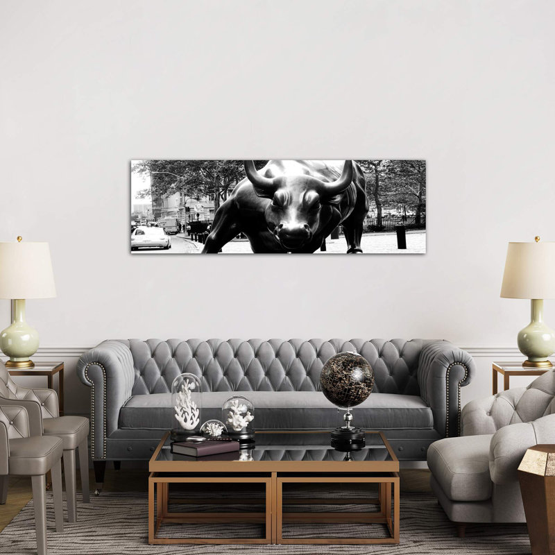 Wall Street Bull Close-up - Panoramic Print on Canvas, 30.48 cm H x 91.44 cm W x 3.175 cm D, No Frame