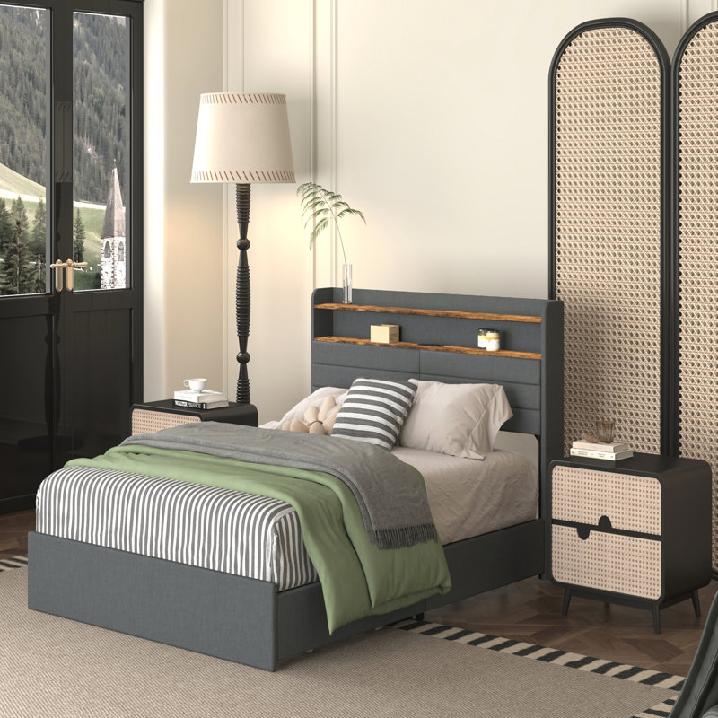 Versatile Upholstered Bed Frame with Multiple Functionalities, Queen