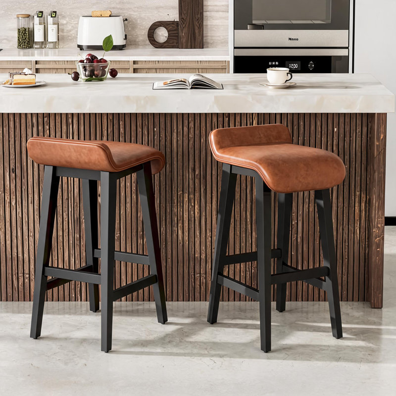 Leather Bar Chairs Set of 2/4, Bar Height Stools Counter Stools with Wood Leg & Non-Slip Feet, Vintage Island Stools for Kitchen Island Dining Room Patio
