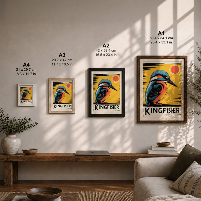Kingfisher Sun Art Deco - Framed Print, A4 - 29.7 x 21.0 cm, White