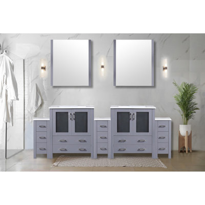 Meuble-lavabo double gris foncé de 96 po X P 18,25 po, comptoir en céramique blanche, miroirs et fermeture sans effort en largeur, profondeur et fermeture silencieuse