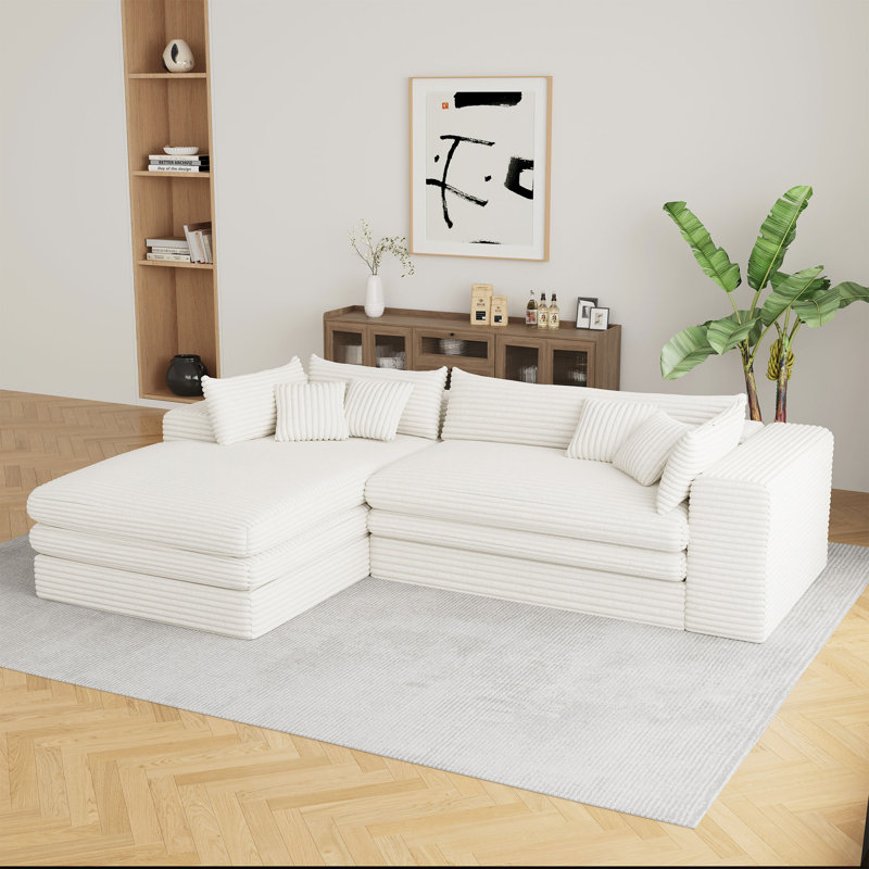  Plush Corduroy Cloud Sofa Modular L-Shaped Boneless Compression Sponge Sofa Without Installation, Beige Corduroy
