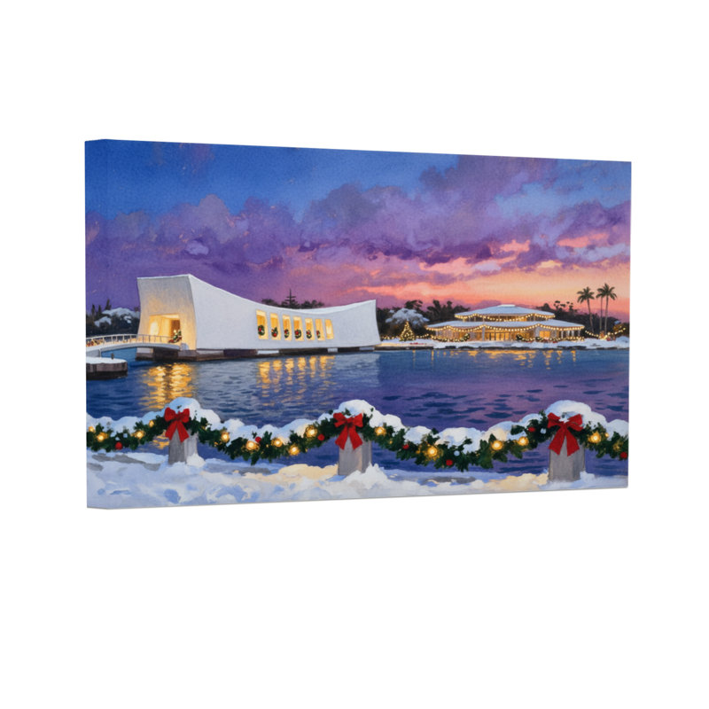 Lumières de Noël sur un bâtiment au bord de l'eau, H 24 po x l 36 po
