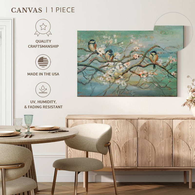 Branche de printemps Brampt avec oiseaux, H 34 po x l 51 po