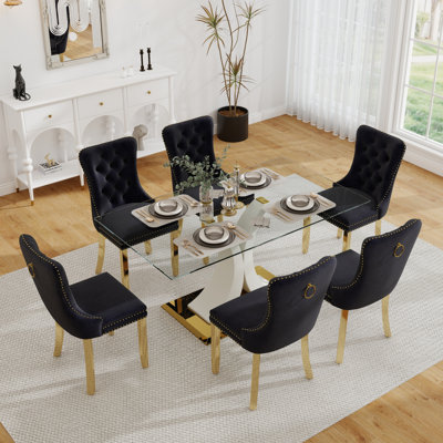 Ensemble de table de salle à manger rectangulaire en verre trempé, table de salle à manger de luxe avec chaise capitonnée pour salle à manger