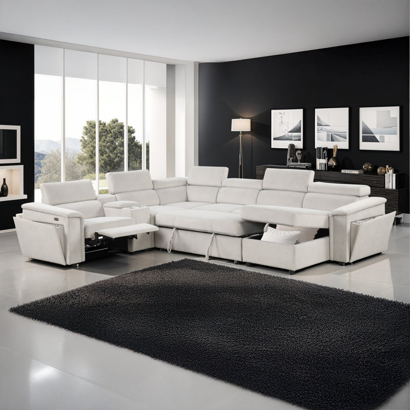 Jakiaya Sectional with Power Recliner and Storage Chaise, Beige