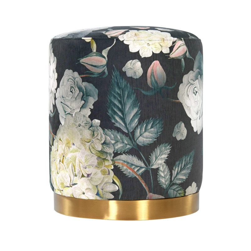 Repose-pieds rond 16 po Fresno, Velours floral bleu marine, Doré