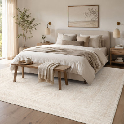 Tapis beige lavable de style bohème vintage 2,44 x 3,05 m avec envers antidérapant