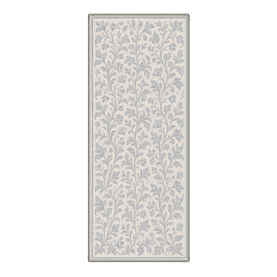 Machine Washable Floral Ivory / Blue Hallway Runner With Non-Slip Backing