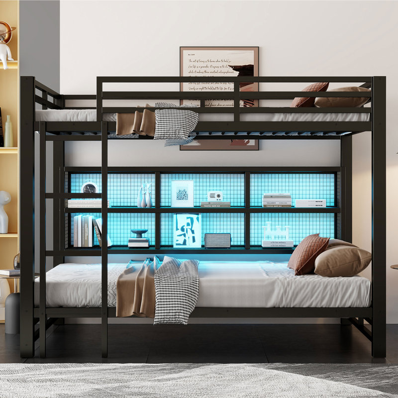 Metal Queen over Queen Bunk Bed with Storage Cabinets and LED, Black