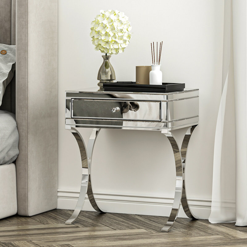 Shilah Glass Side Table Mirrored Nightstand with Storage