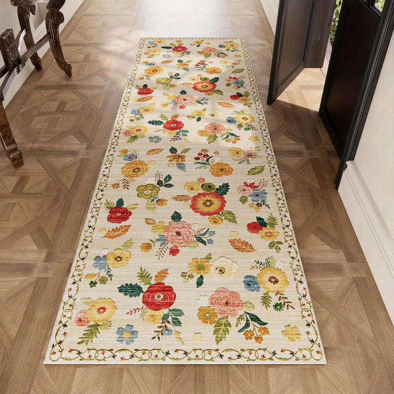 Washable Small Floral Entryway Rug 2'x3', Low Pile Non-slip Door Mat With Stain Resistance, Indoor Throw Rug For Front Door, Bedside, Kitchen, Nursery & Dorm