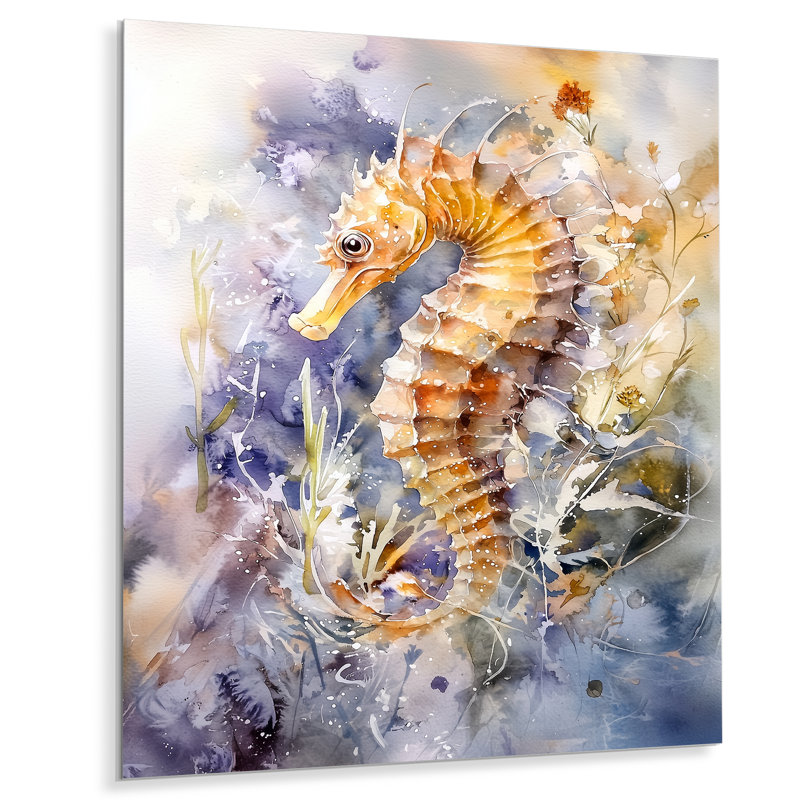 Watercolor Seahorse Aqua Bloom - Animals Metal Wall Art Decor, Seahorse Metal Print, 20" H x 12" W