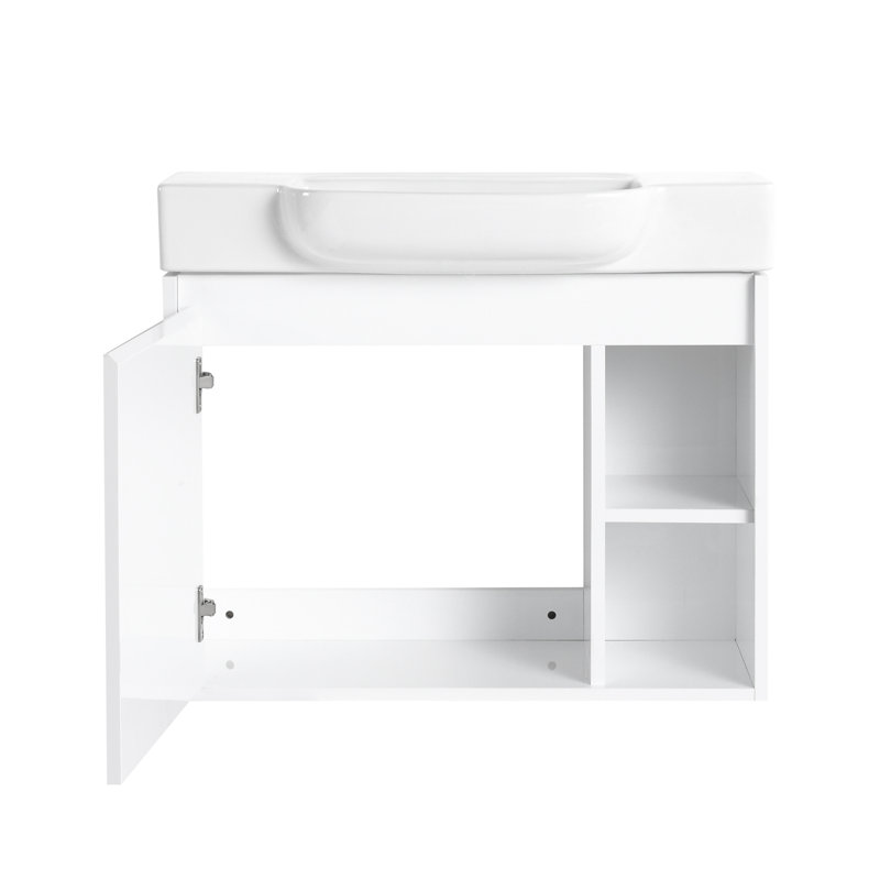Meuble-lavabo mural compact avec lavabo en céramique, blanc brillant, design moderne