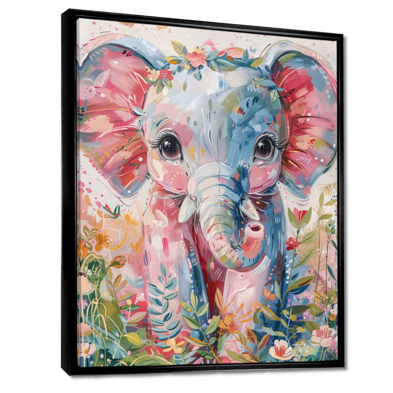 Pépinière gris, rose, magnifique éléphant I - éléphant, art mural, salon, Cadre flottant noir, H 24 po x l 32 po