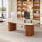 Travertine Slab Computer Desk With Semi-Circular Base In Wax Wood Finish