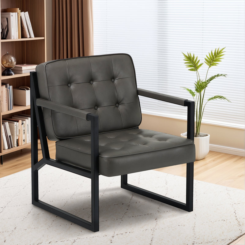 Modern Faux Leather button-tufted design Accent Chair with Metal Farme 110° Recline, Grey Faux Leather