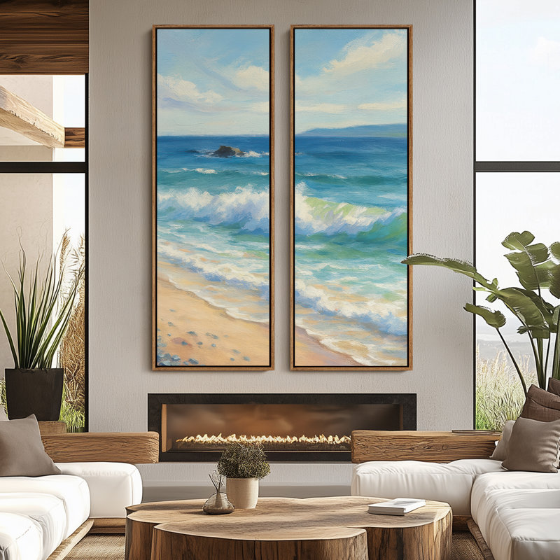 Grand ensemble d'art mural sur toile encadrée - Impressions de bord de mer bleu vif - 60 po x 20 po x 2 pièces, Naturel