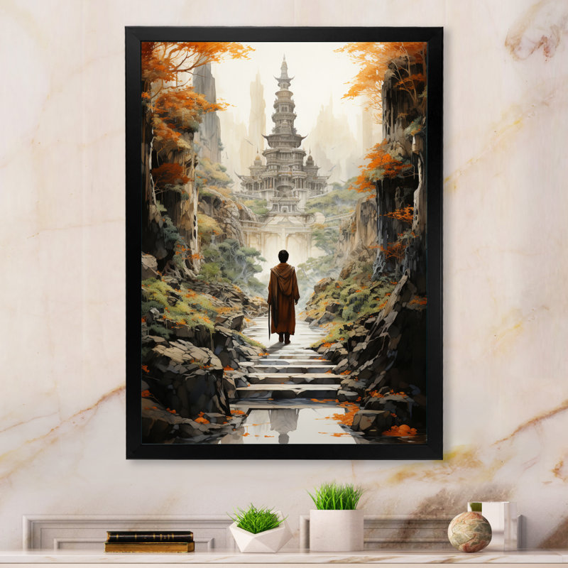 Art bouddhiste beige, voyage de Gautamas, Cadre photo noir, L 12 po x H 20 po