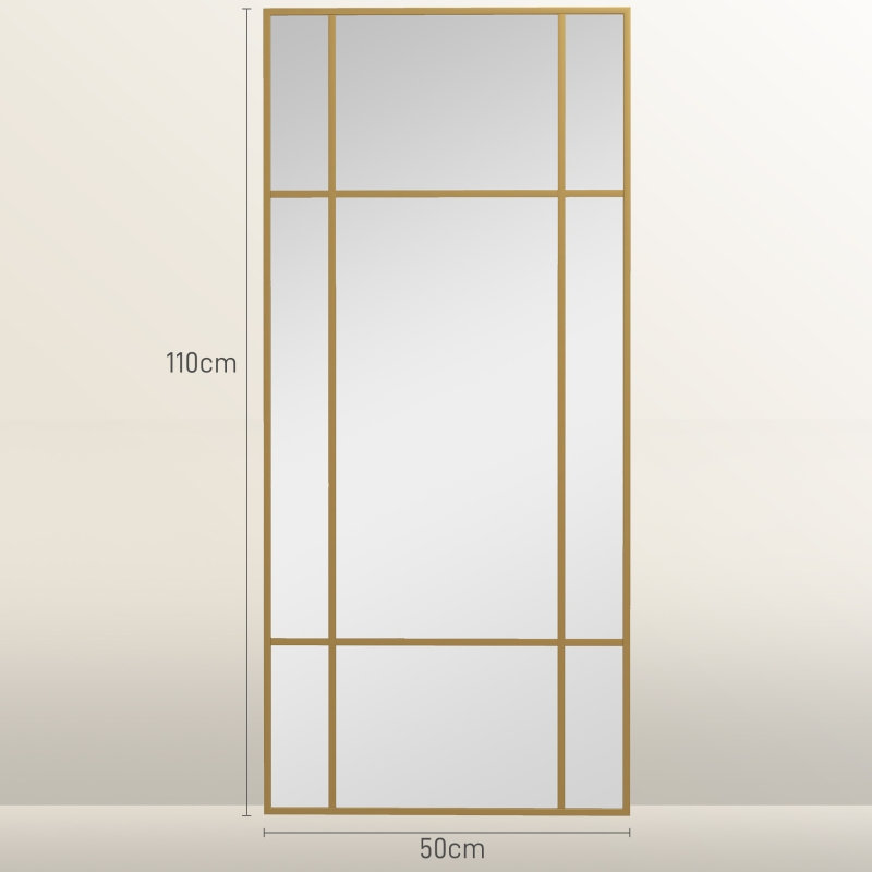 110cm Gold Grid Wall Mirror with 9 Panes, Rectangular Window Frame Mirror for Living Room Entryway, Modern Farmhouse Decorative Mirror