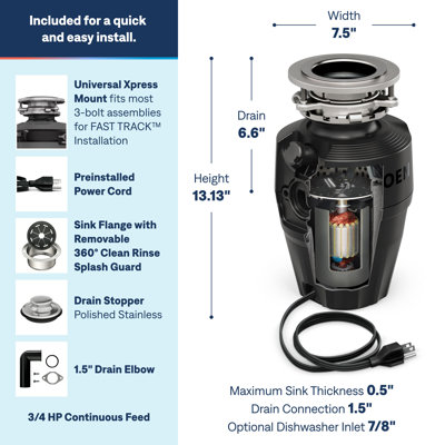 Moen Host Ex Series 3/4 HP Continuous Feed Space Saving Garbage Disposal