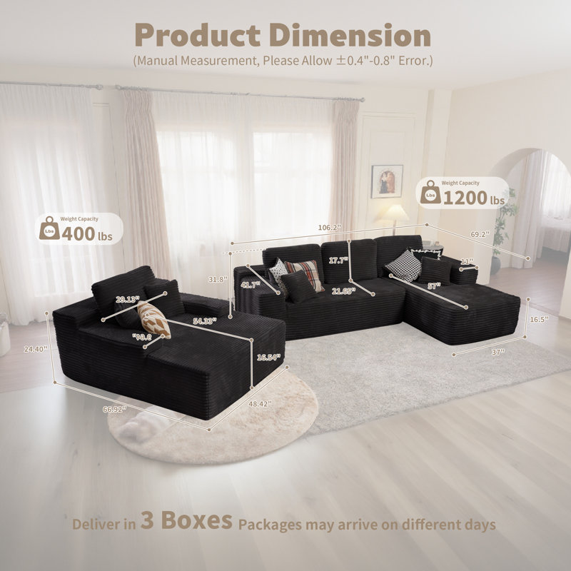 Ensemble de salon 3 pièces sans assemblage, canapé modulaire en velours côtelé avec causeuse et méridienne