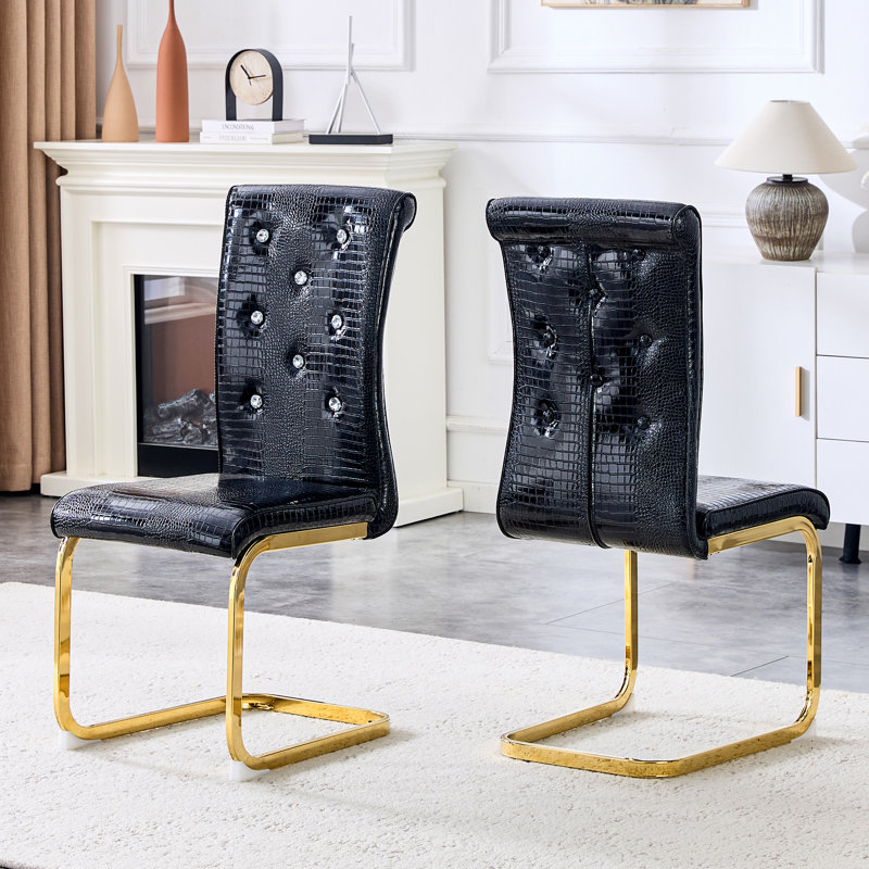 Exotic Faux Alligator Cantilever Dining Chairs with Crystal Tufting, Gold, Black