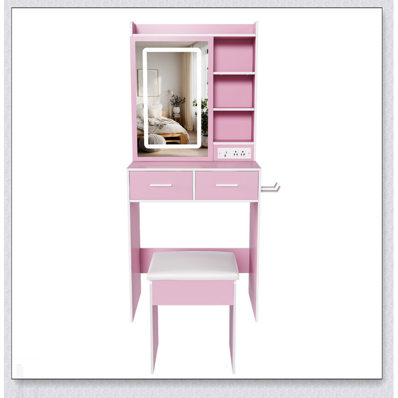 Bureau de maquillage compact avec lumières DEL réglables, prises de courant intégrées et rangement dissimulé pour les petites chambres