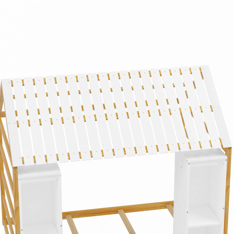 Lit simple en bois avec clôture et toit avec deux armoires mobiles, Naturel