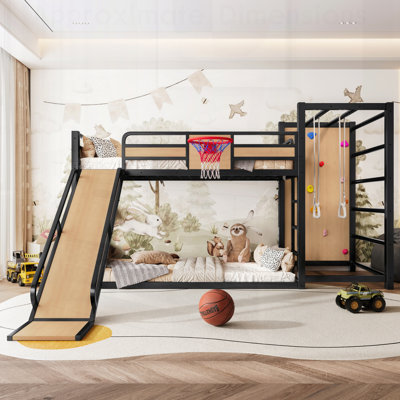 Playful Metal Loft/Bunk Bed with Basketball Hoop, Pull-Up Rings, Climbing Wall, and Built-In Bookshelves for Kids