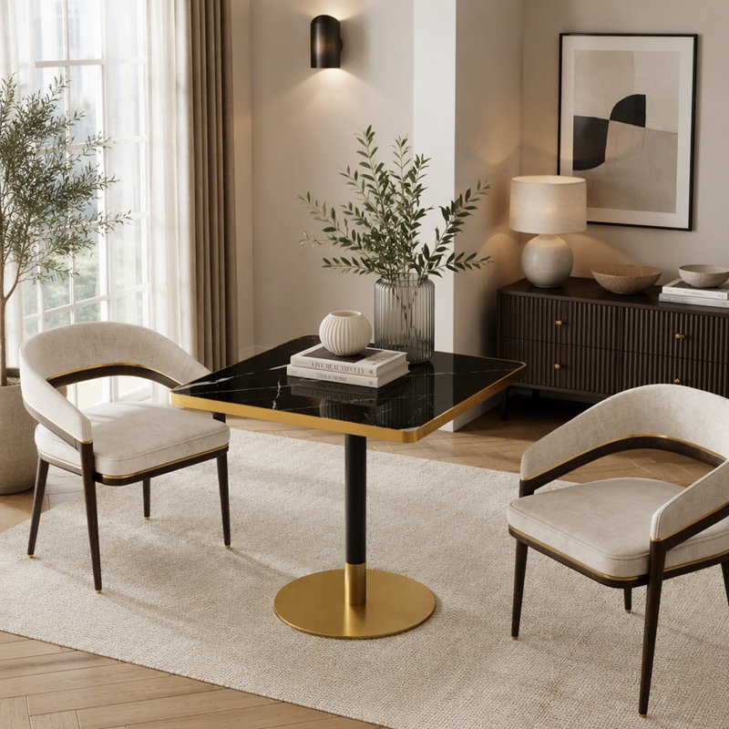 Table de salle à manger carrée 31,5 po avec plateau en pierre frittée et base en acier inoxydable, Black Gold