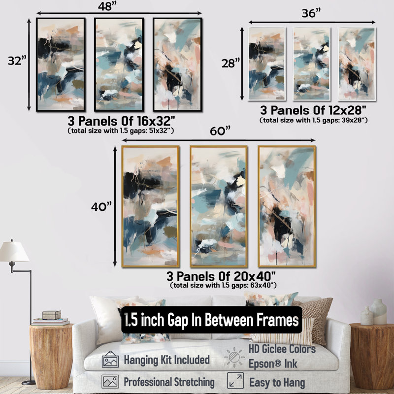 Gris et bleu, vagues vives fluides III - art mural abstrait, H 28 po x l 36 po x P 1 po, Cadre flottant noir