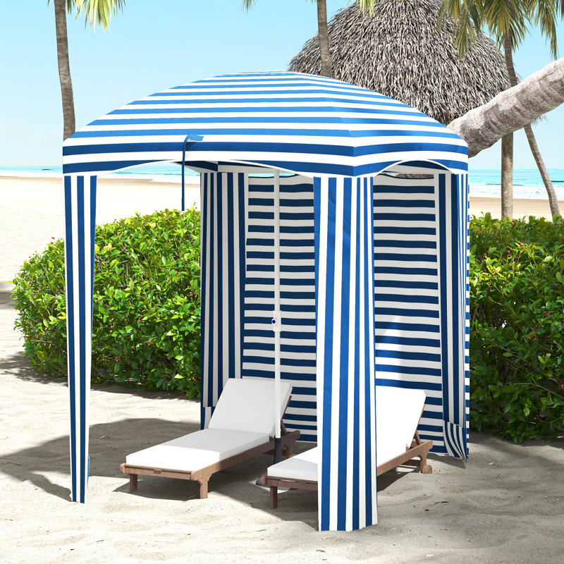 Parasol de plage Cabana avec sac, fenêtres, bleu et blanc, Rayures bleues / blanches