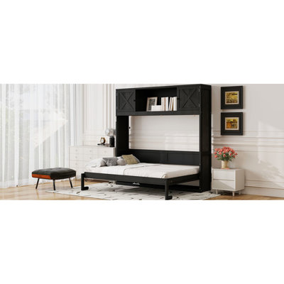 Lit double pleine grandeur avec 3 armoires de rangement, bois de pin et construction, design rustique décontracté, guide d'assemblage inclus, armoires décoratives en forme de X, structure, peu encombrant pour les lofts