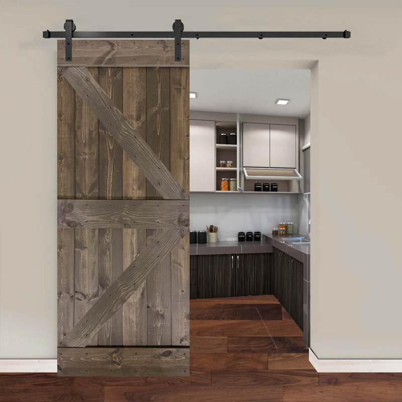 Ensemble de quincaillerie pour porte de grange simple en bois, Tonneau vieilli, 34 po x 84 po