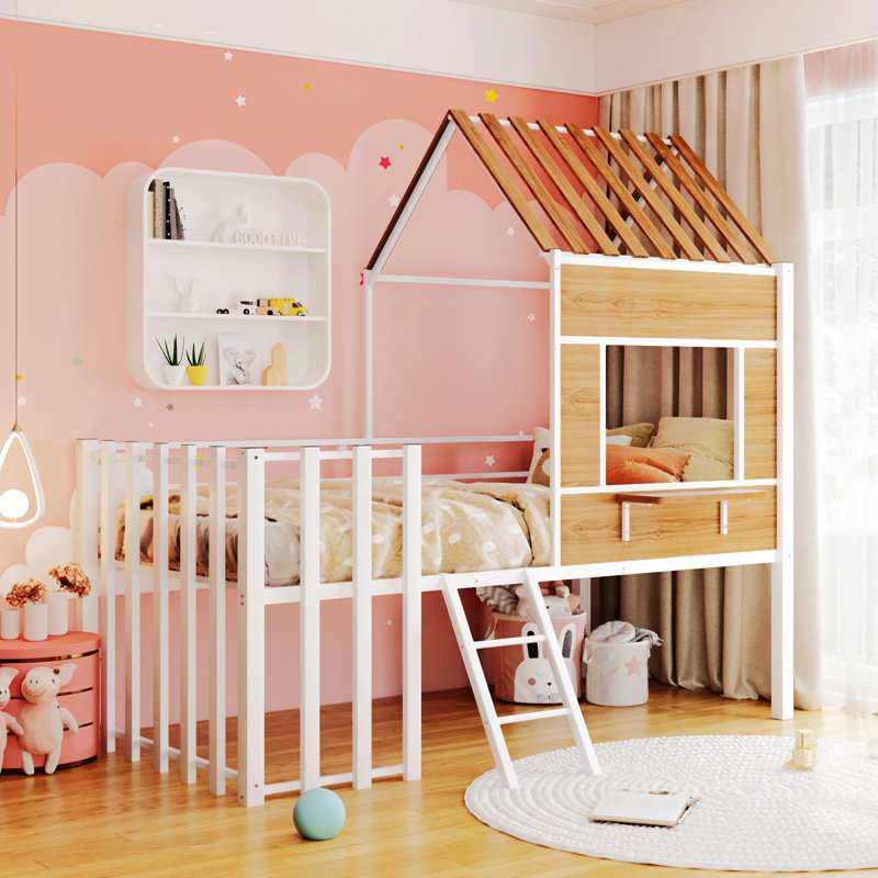 Loda Twin Low House Loft Bed with Roof and Ladder, White