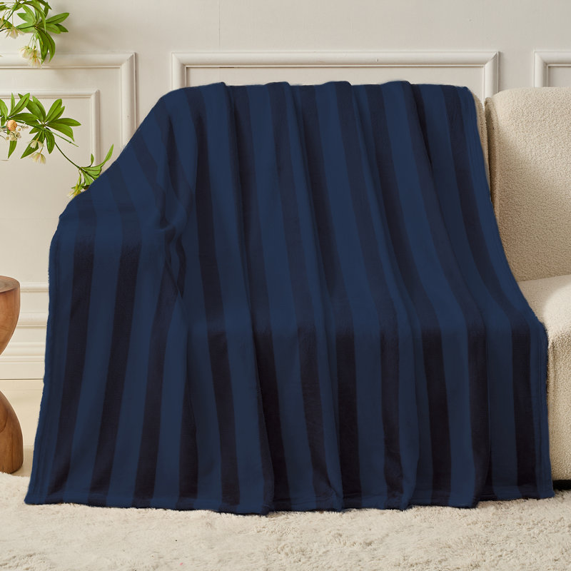 Couverture rayée en flanelle, Lit simple, Rayures bleu marine