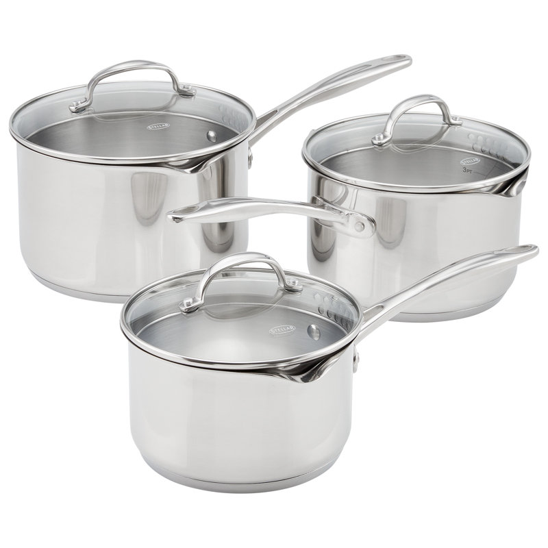 Stellar 7000 Set of 3 Stainless Steel Pans, 16/18/20cm with Glass Draining Lids