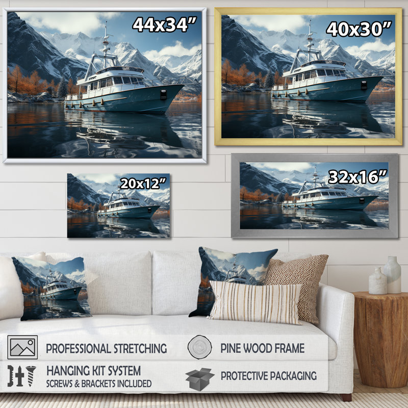 Bateau de pêche rouge et blanc dans la rivière I - bateau de pêche, art mural, Cadre de coin blanc fermé