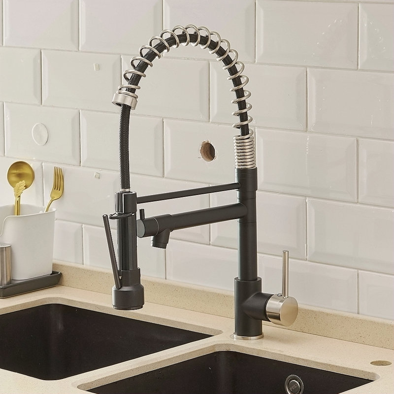 Robinet de cuisine commercial avec pulvérisateur rétractable, robinet d'évier de cuisine à poignée simple, Noir / argenté