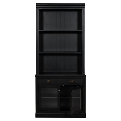 83.4" Tall Rectangle Black Modern Bookcase With Glass Doors And Drawer For Bedroom Decor, High - Quality Metal Handles Shelves 2 1 Home Office Use, Rust Slide Stable Structure
