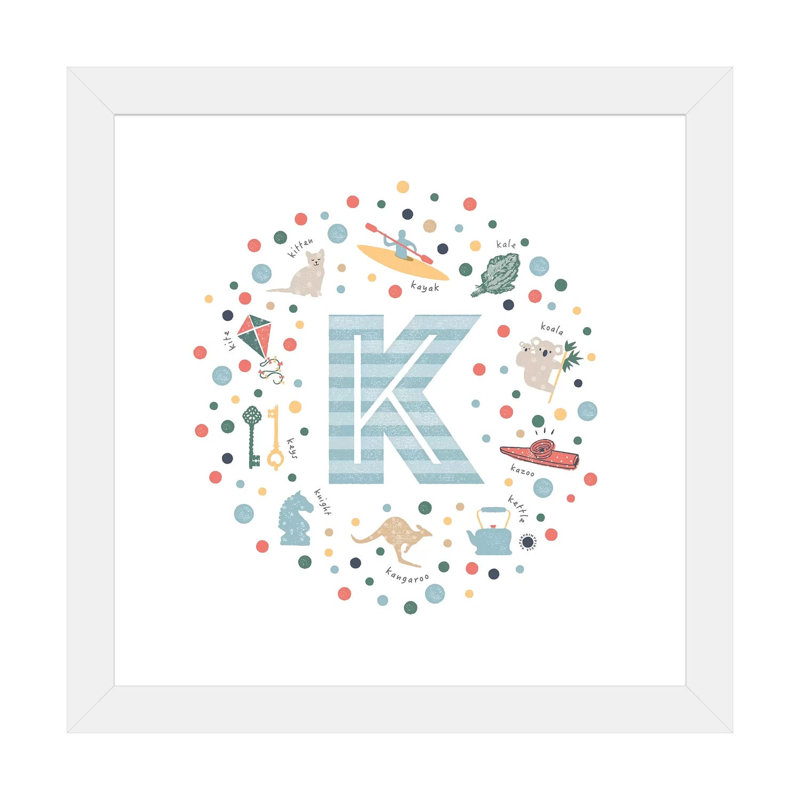 Lettre K illustrée, impression bleue, H 16 po x l 16 po x p 1 po, Papier encadré blanc, Blanc