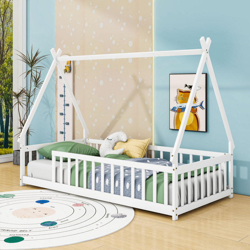 Twin Wooden Tent-Shaped Teepee Floor Bed, White