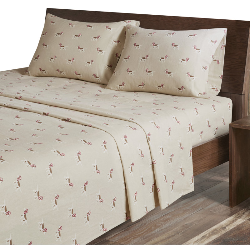 Woolrich 100% Cotton Flannel Sheet Set, Full Sheet Set with 2 Pillowcases, Tan Dog